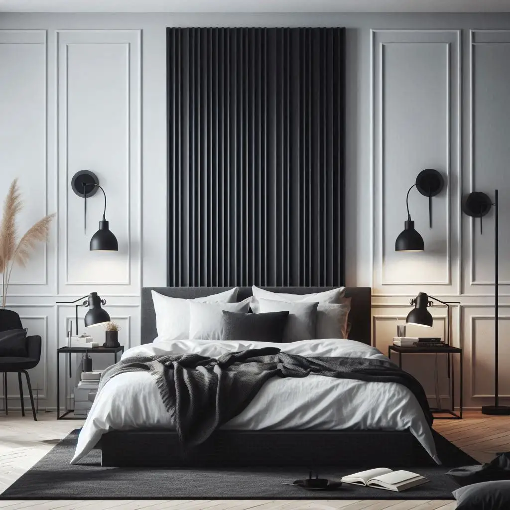 Bold black matte bedroom wall sconces on white wall