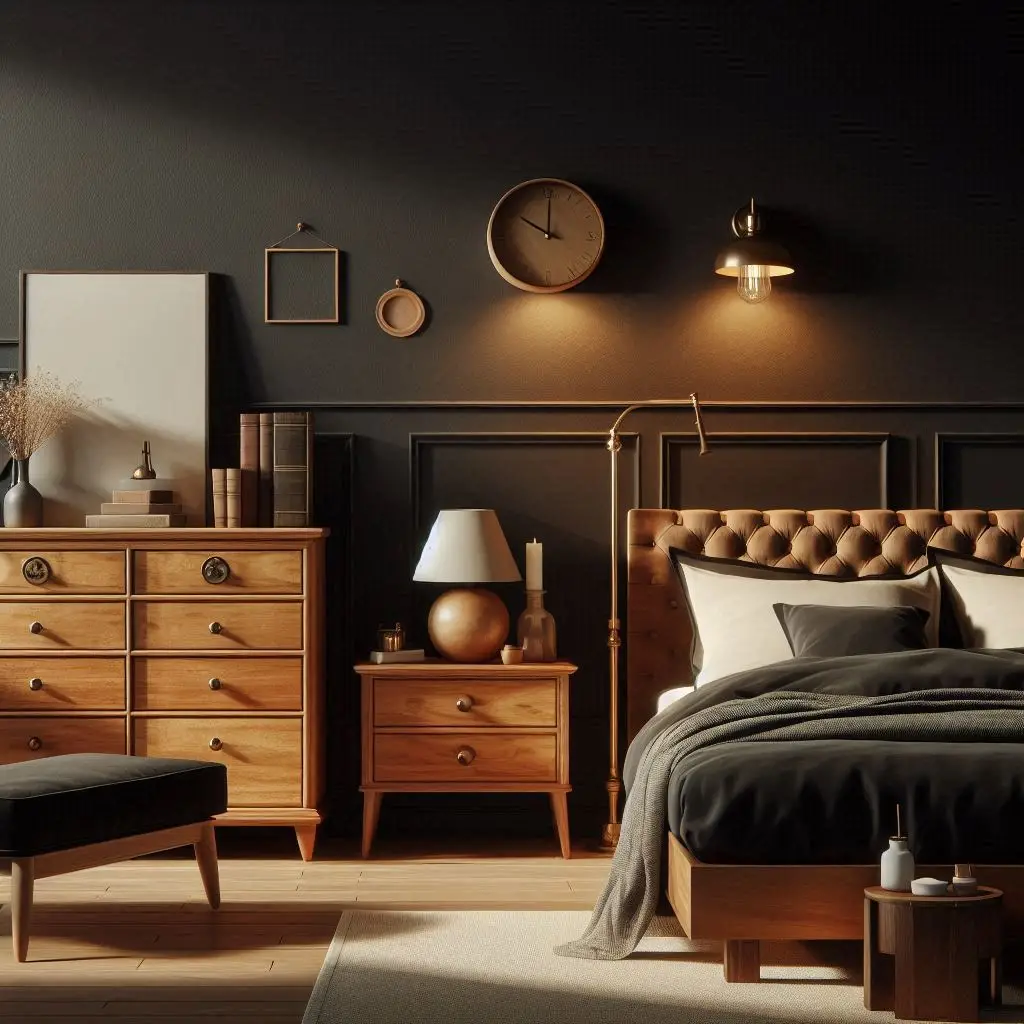 Vintage and modern decor on black wall