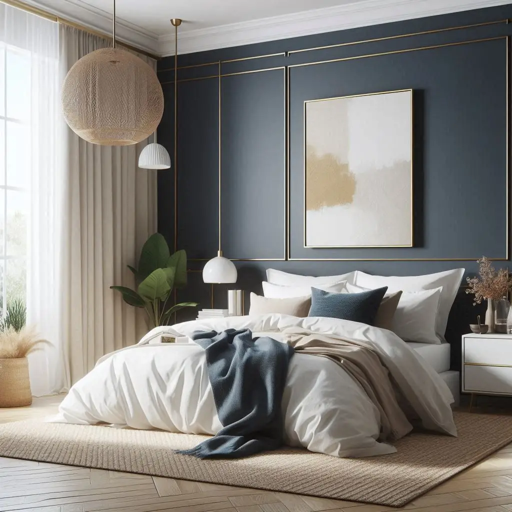 Cozy bedroom with navy blue wall and gold art accents