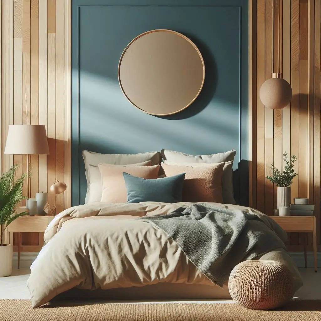 Dusty blue paneled bedroom wall with cozy lighting