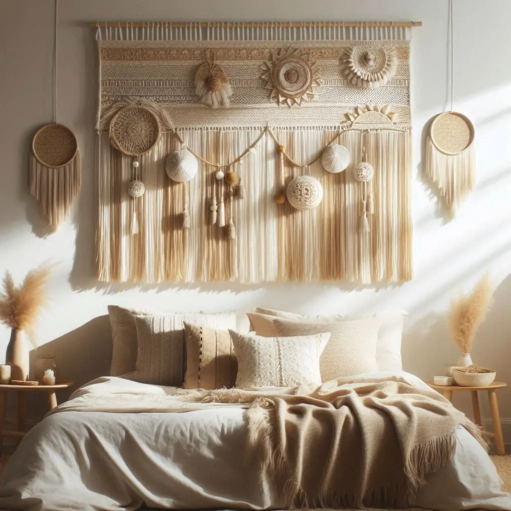 Fringe wall hanging in a chic boho bedroom