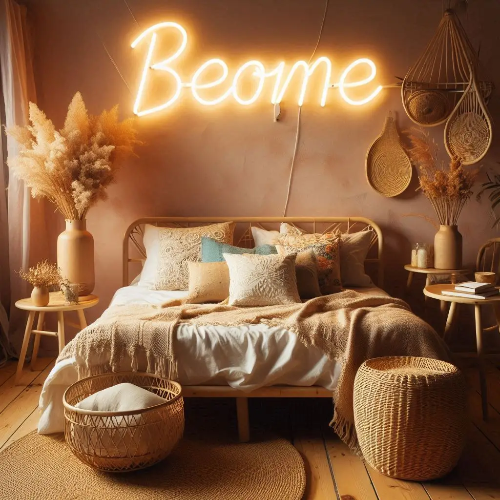 Prompt: "Boho-style custom wooden or neon name sign on the bedroom wall, surrounded by dried flowers, rattan furniture, and soft lighting – cozy and personal"