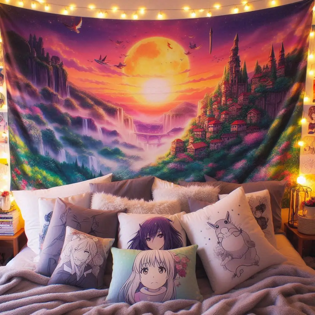 Anime-themed tapestry with scenery from Your Name above