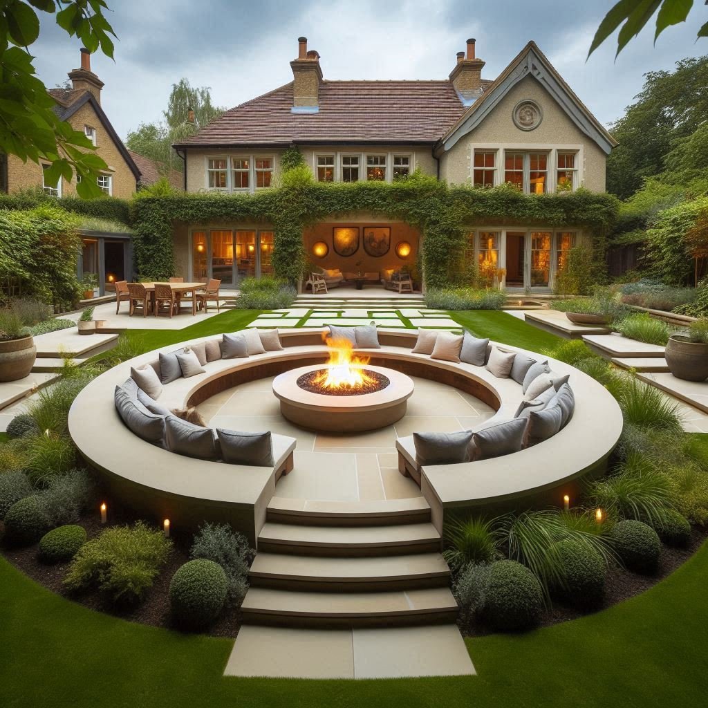 Sunken Patio With Circular Fire patio
