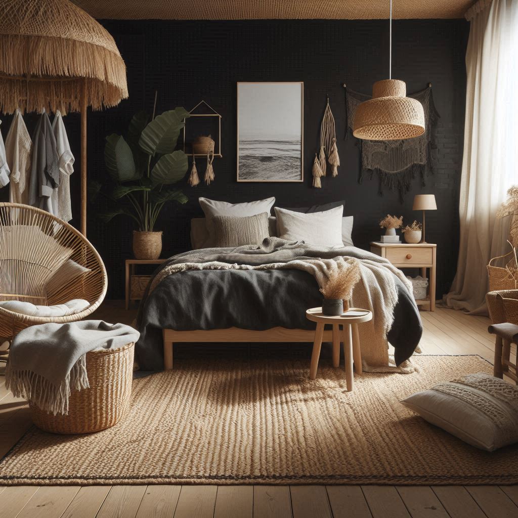Cozy bedroom with jute and black wall combo