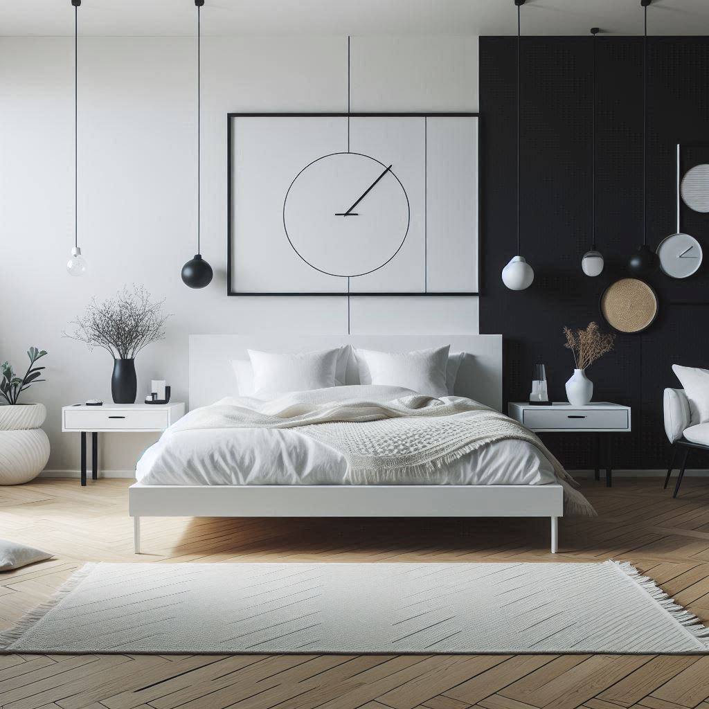 Clean white decor contrasting black walls