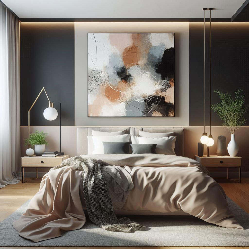 Oversized painting centered on black wall