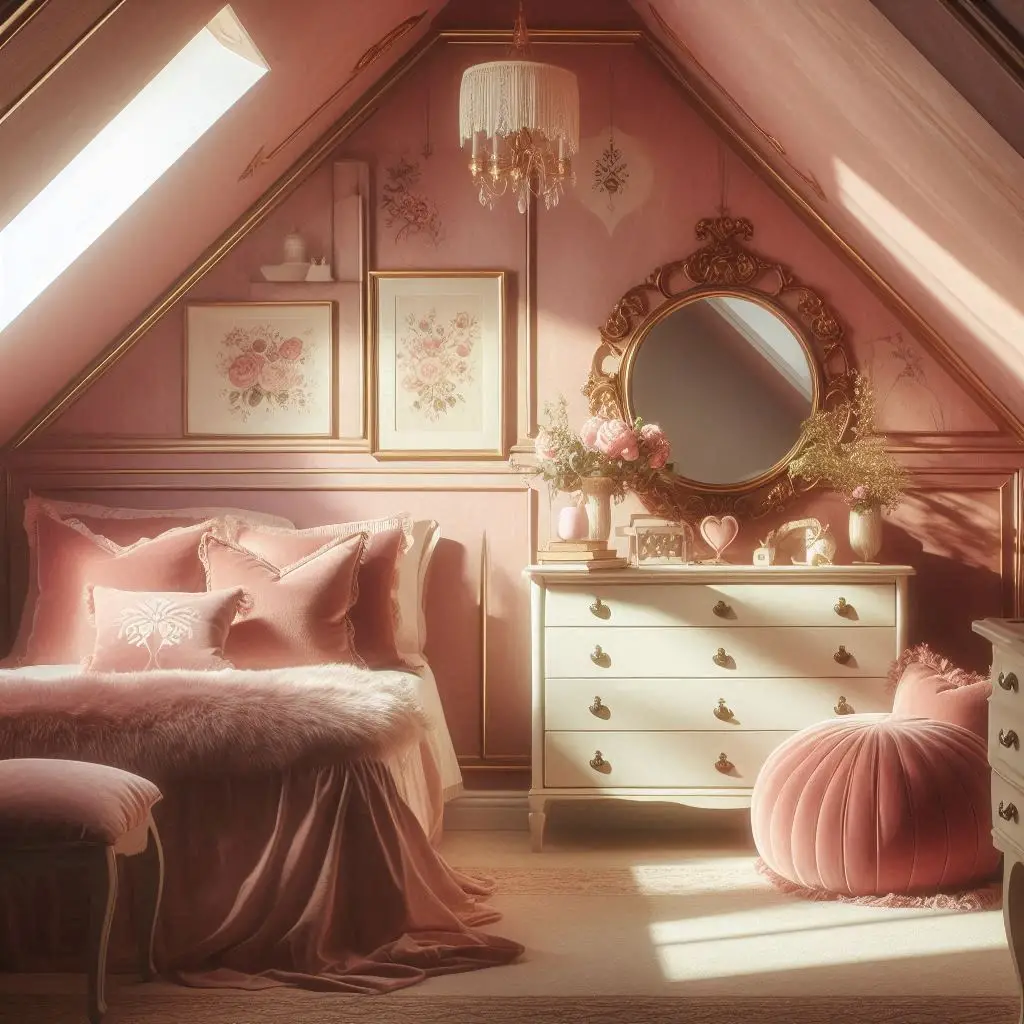 Attic bedroom painted in dusty rose with vintage touches and romantic styling.