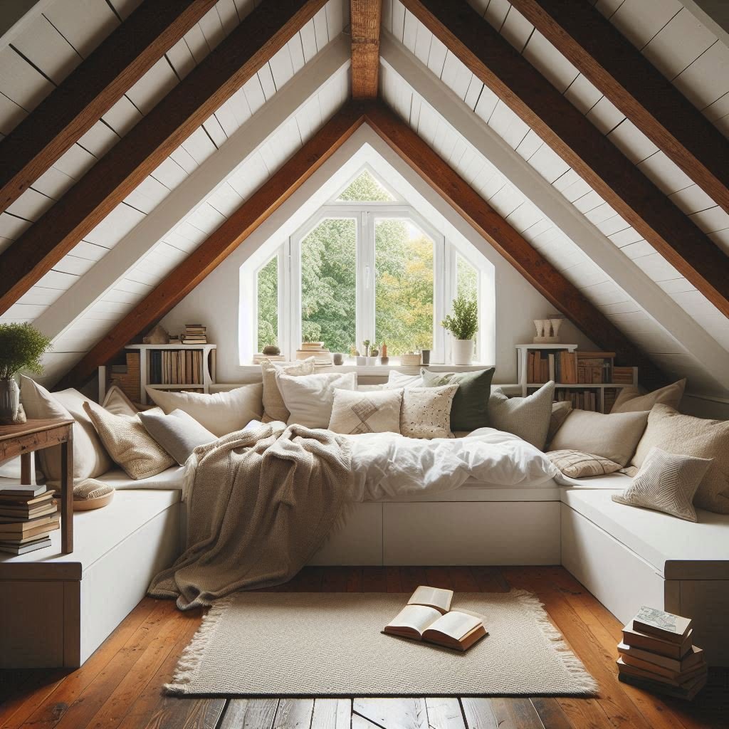 Window nook with cushions in attic bedroom