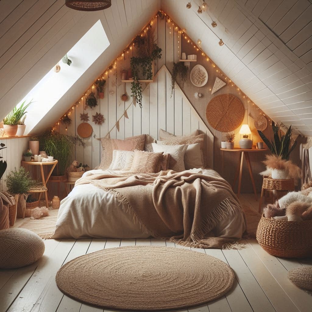 Cozy attic bedroom with soft textures, fairy lights, and boho decor