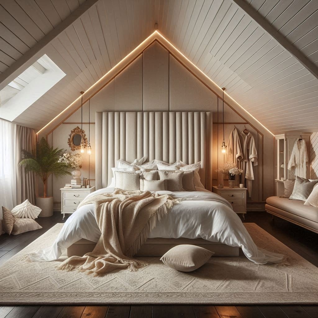"Elegant Attic Master Bedroom with Plush Details and Art Decor"