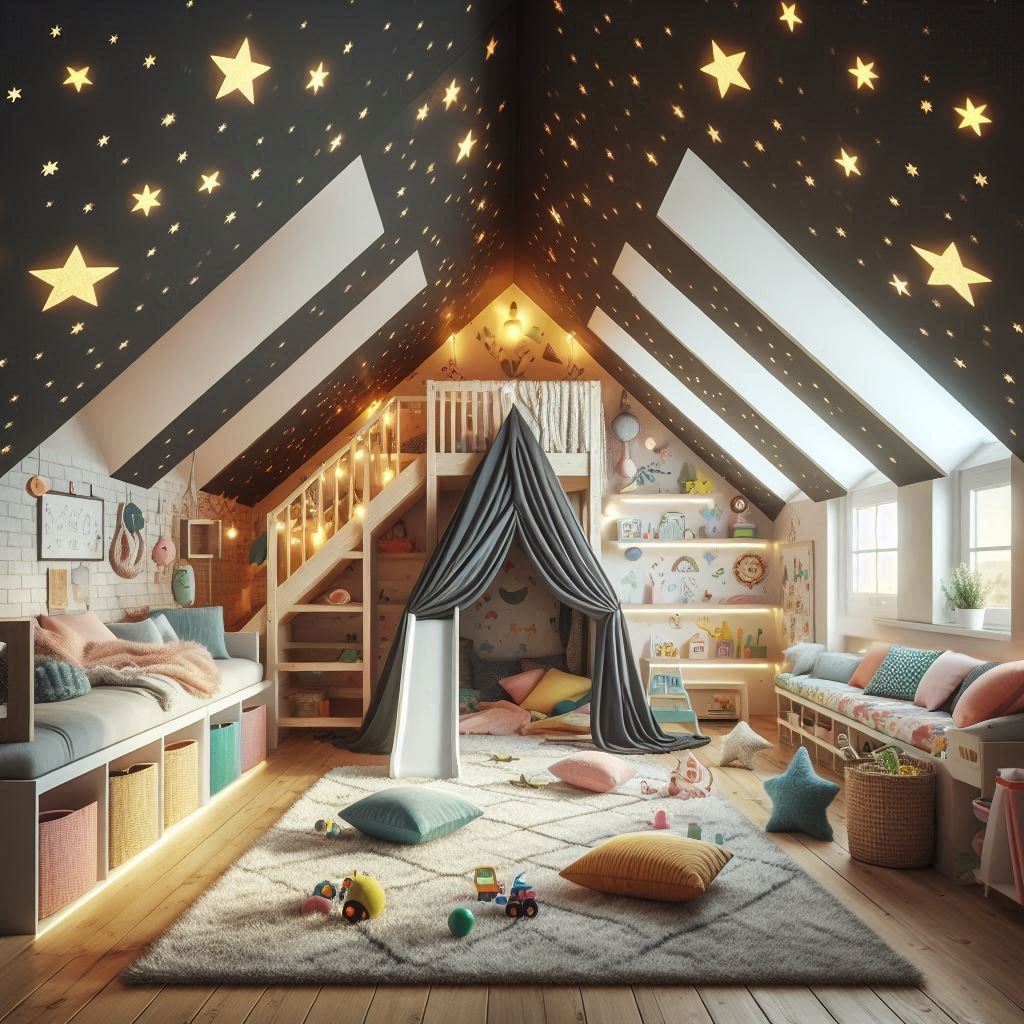 "Kid’s attic bedroom with slide and starry ceiling"