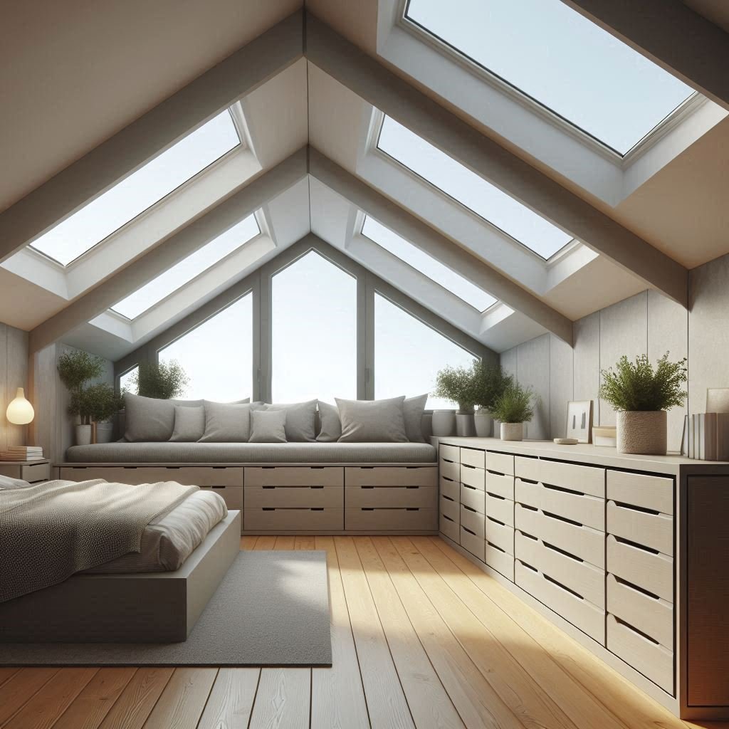Built-in storage in attic room under slanted ceilings for space saving.