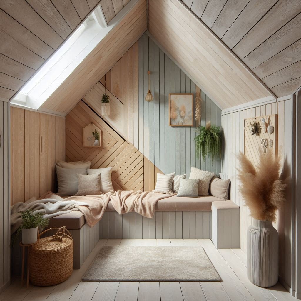 Wood panel wall treatment in small attic bedroom.