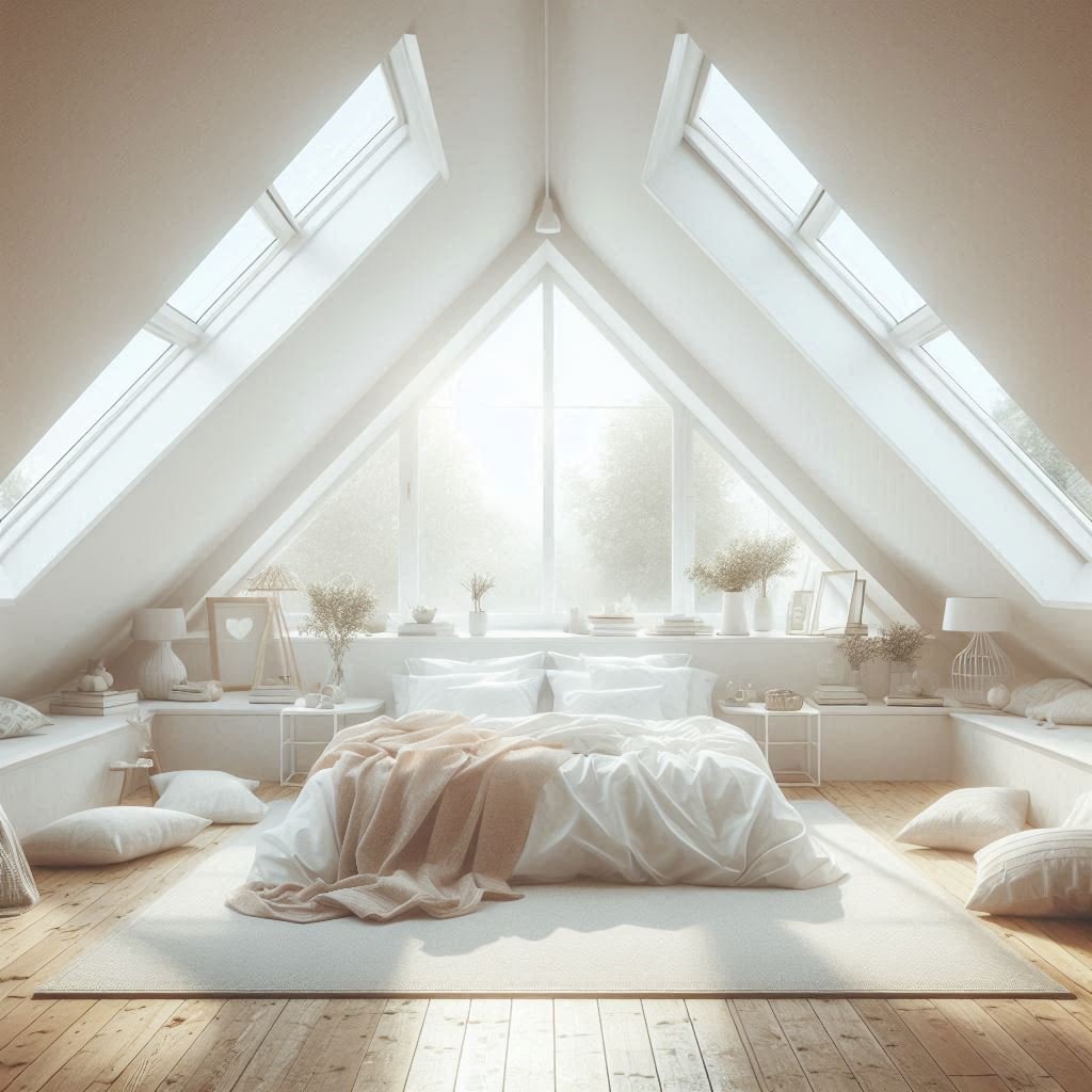 "Bright attic master suite with large skylights, natural light, white bedding, airy feel, dreamy and minimal – Pinterest style"