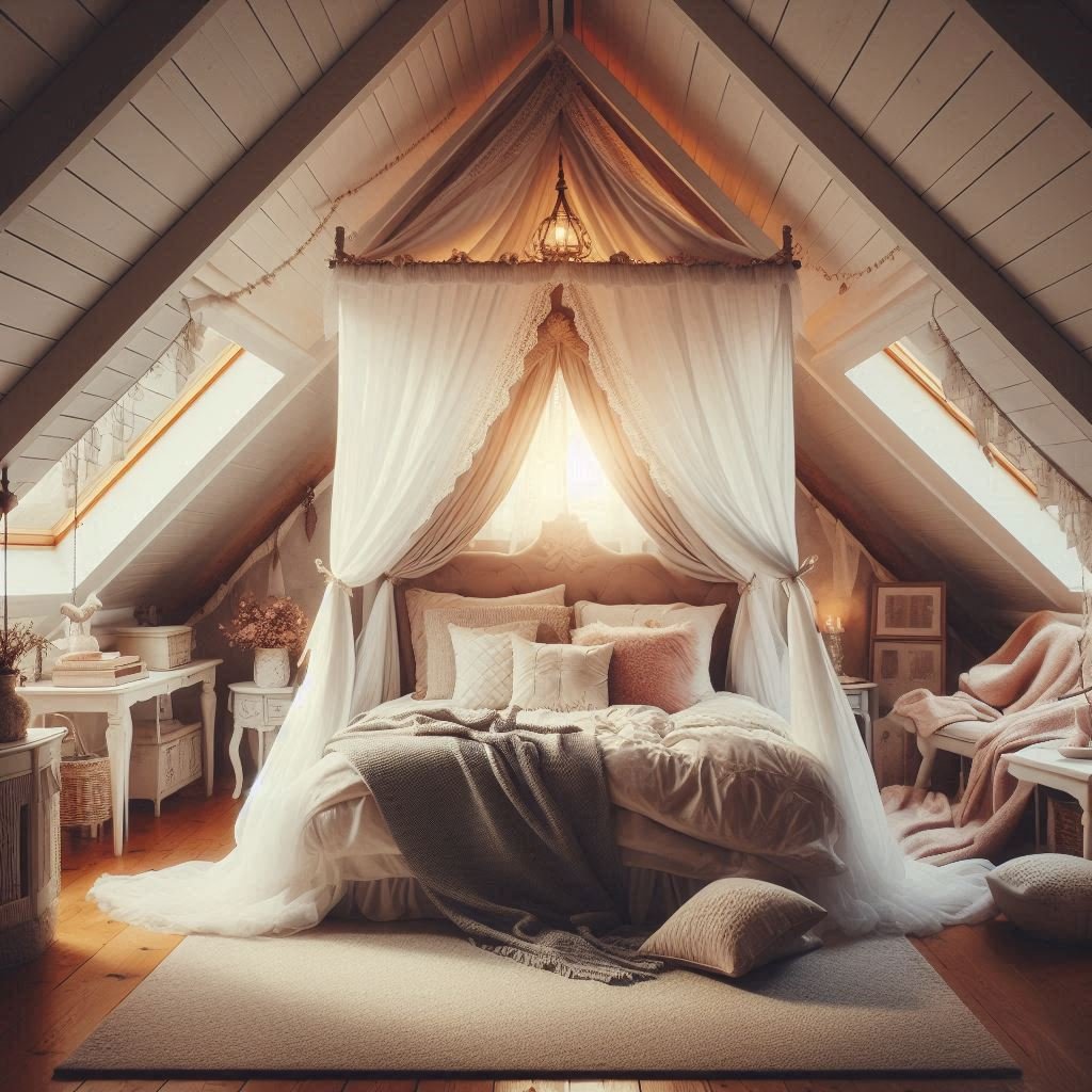Bed Nook with Canopy Drapes in Attic Room
