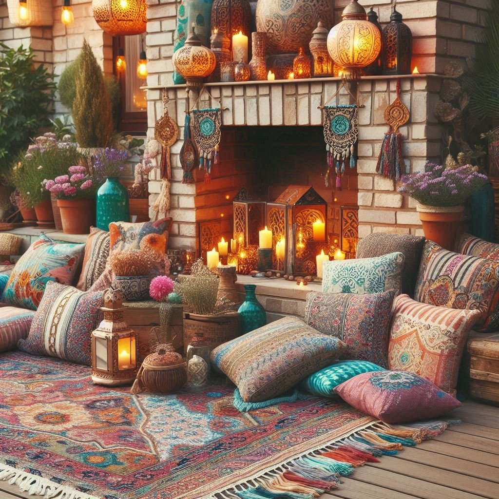 Boho Fireplace With Colorful Textiles patio
