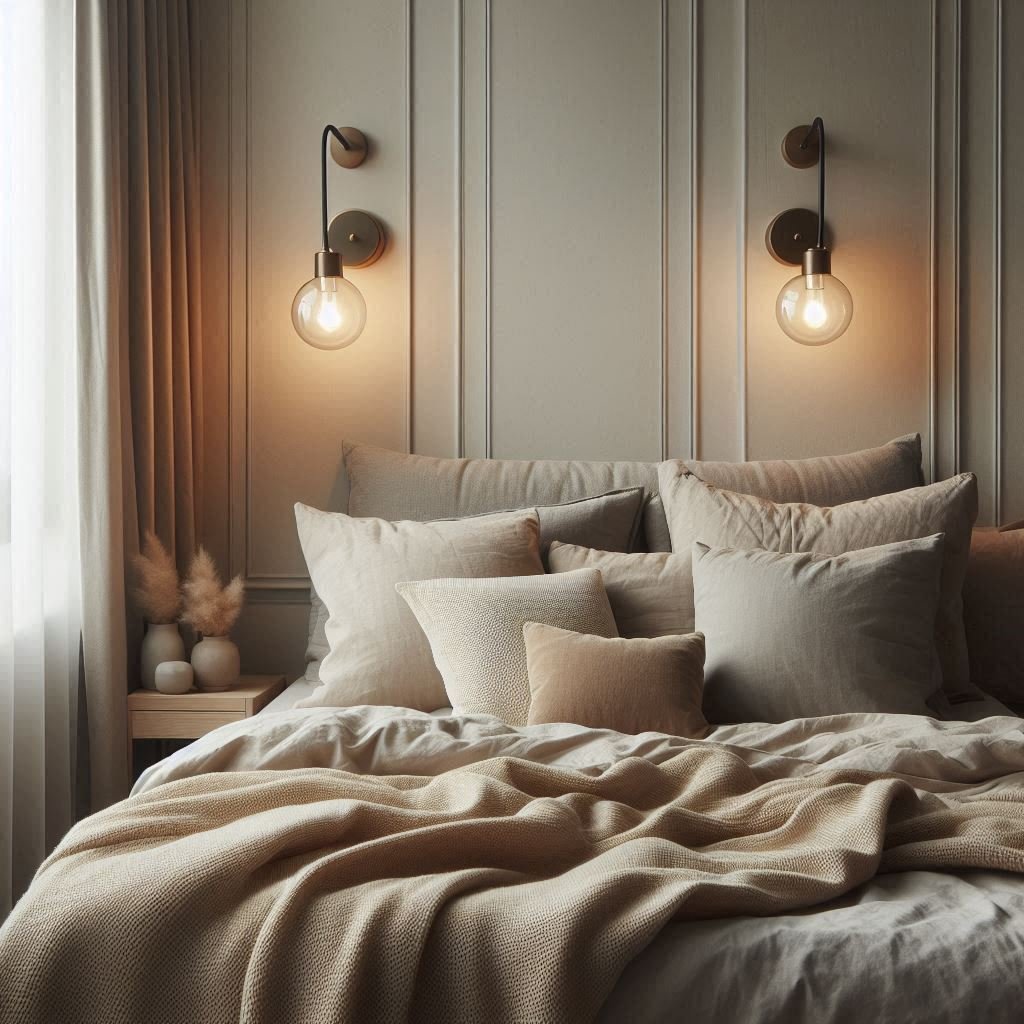 Plug-in wall sconces in minimalist cozy bedroom