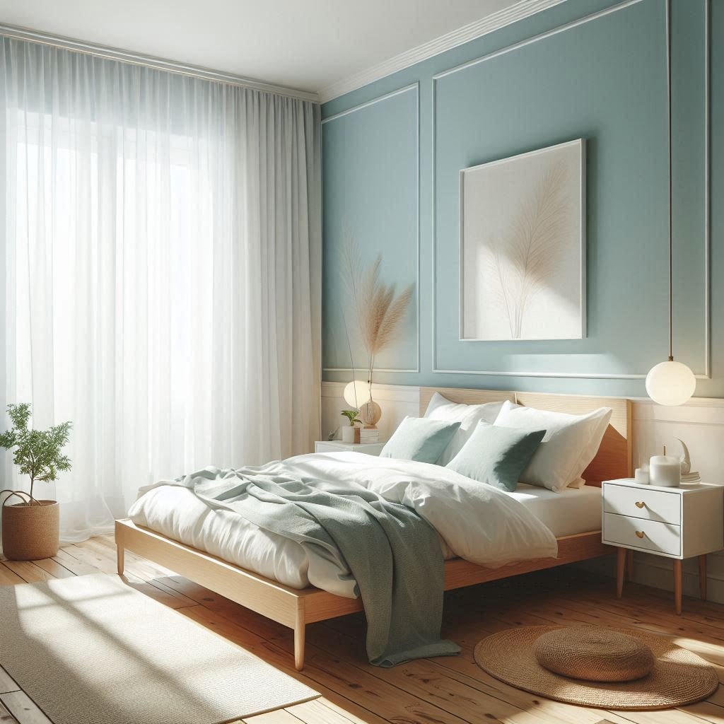 Light and airy bedroom with soft sky blue walls