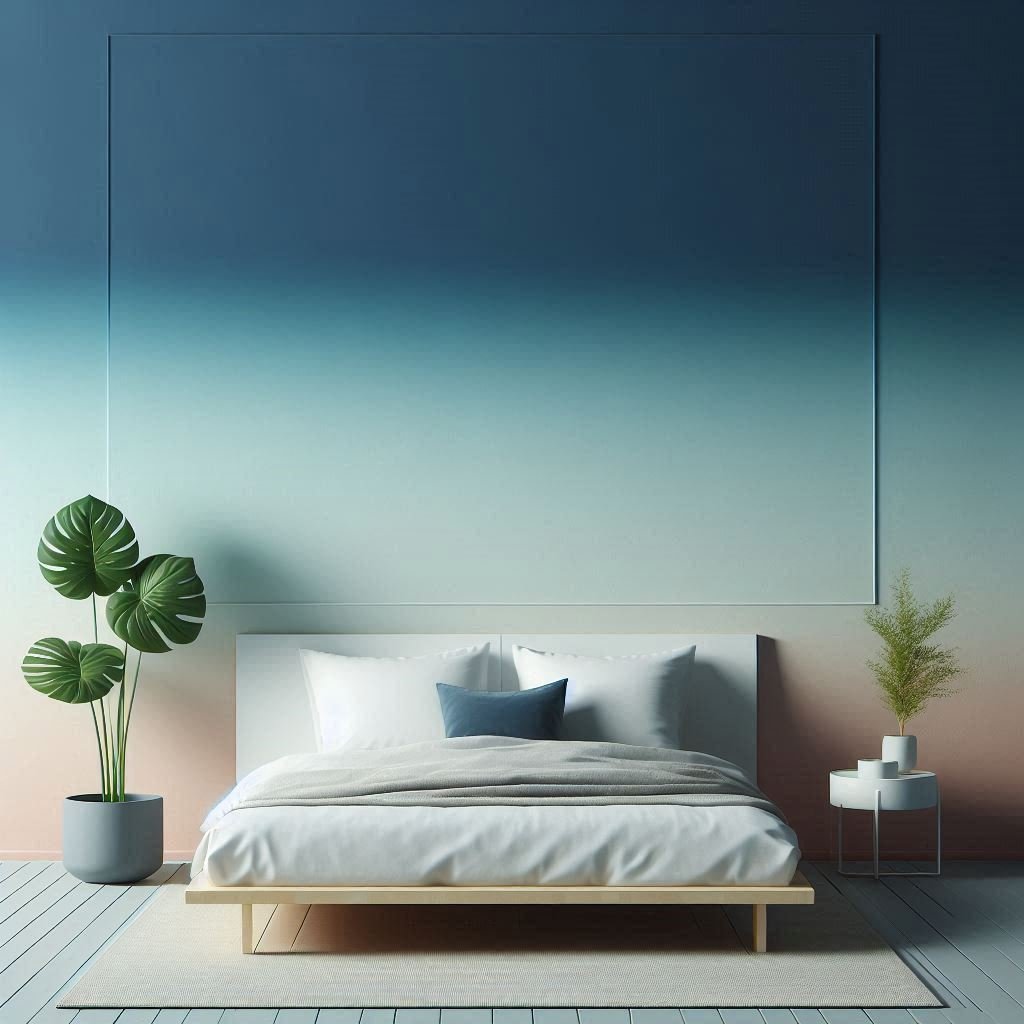 Modern bedroom with ombre blue gradient wall