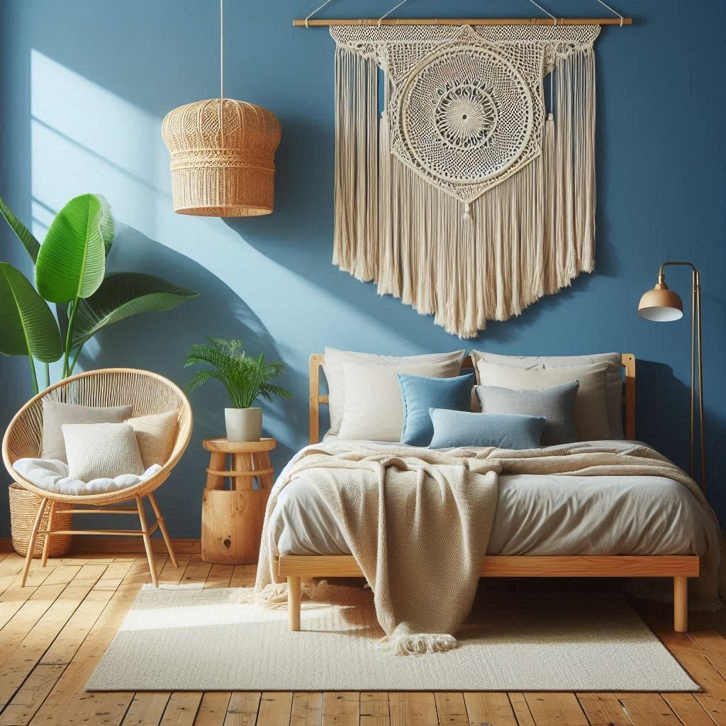Blue boho bedroom wall with macramé and rattan decor.