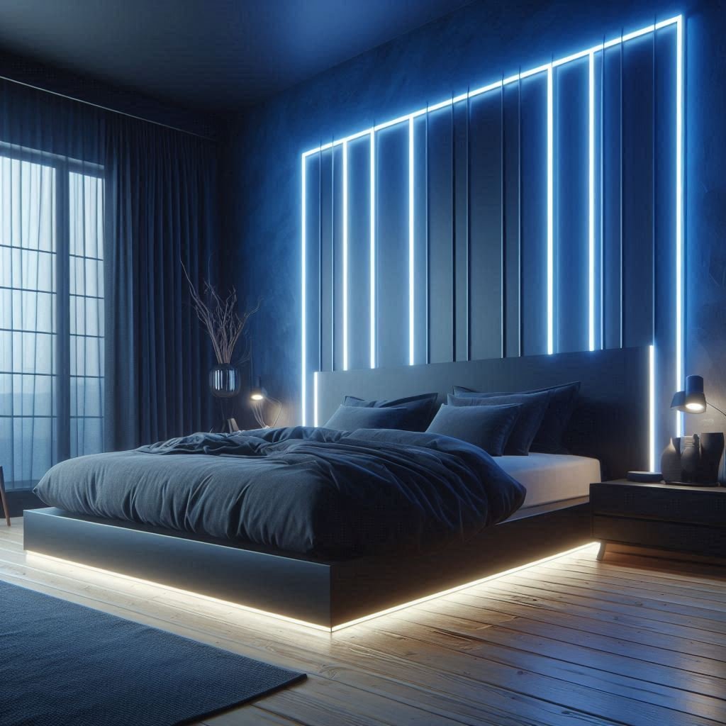 Midnight blue wall with glowing LED bedroom lighting.