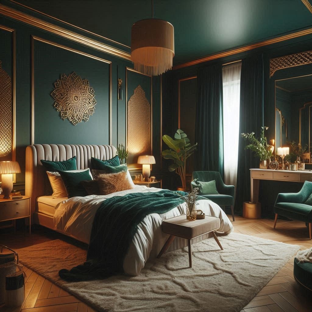 Bold emerald green wall with velvet bedding and gold décor.
