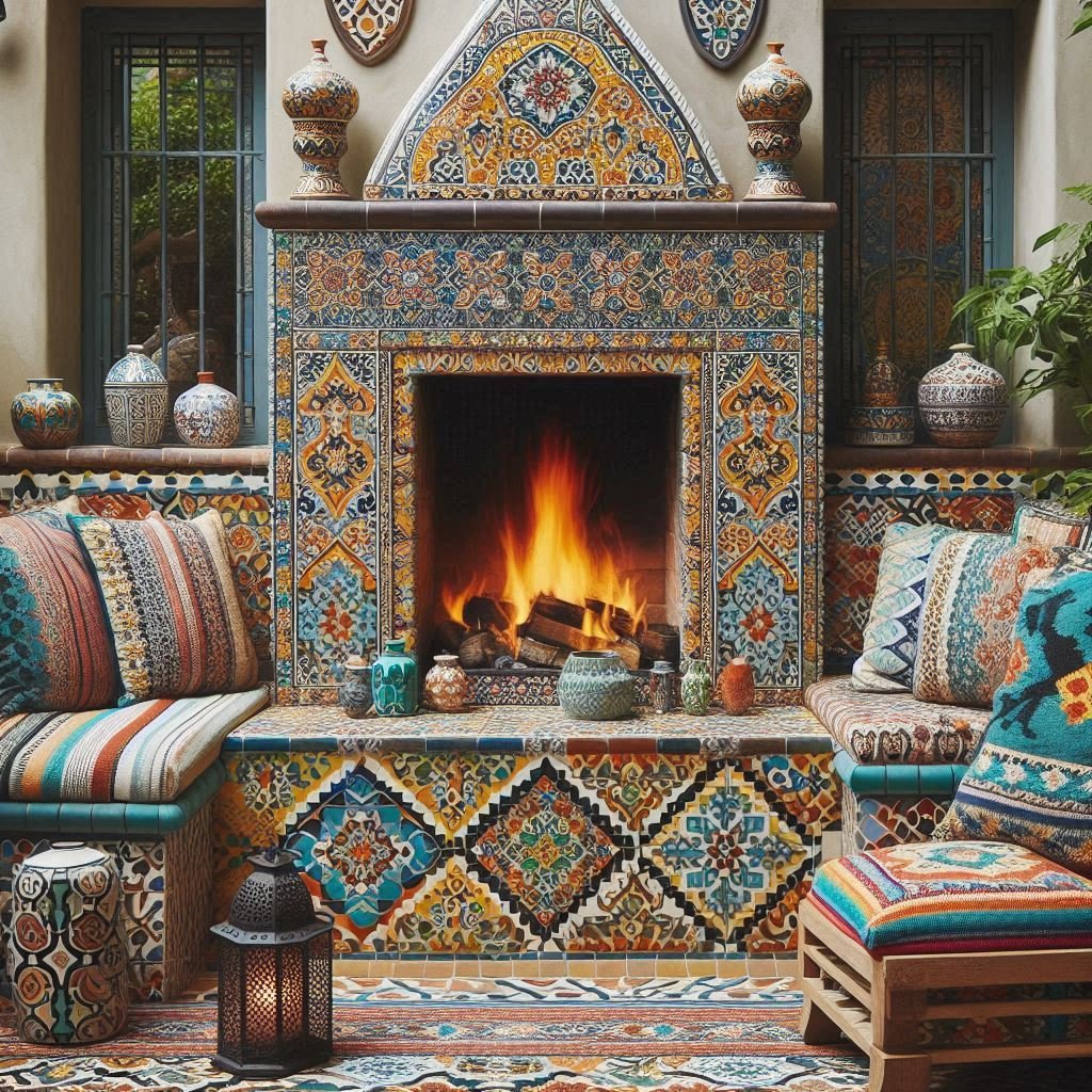 Tiled Fireplace With Moroccan Influence patio