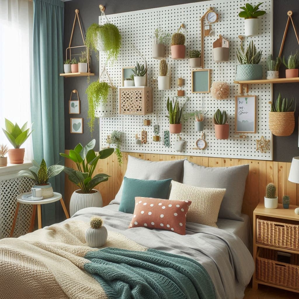 "A pegboard wall in a bedroom styled with small plants, mini decor, and organizers, color-matched to the wall paint, Pinterest-style cozy scene"