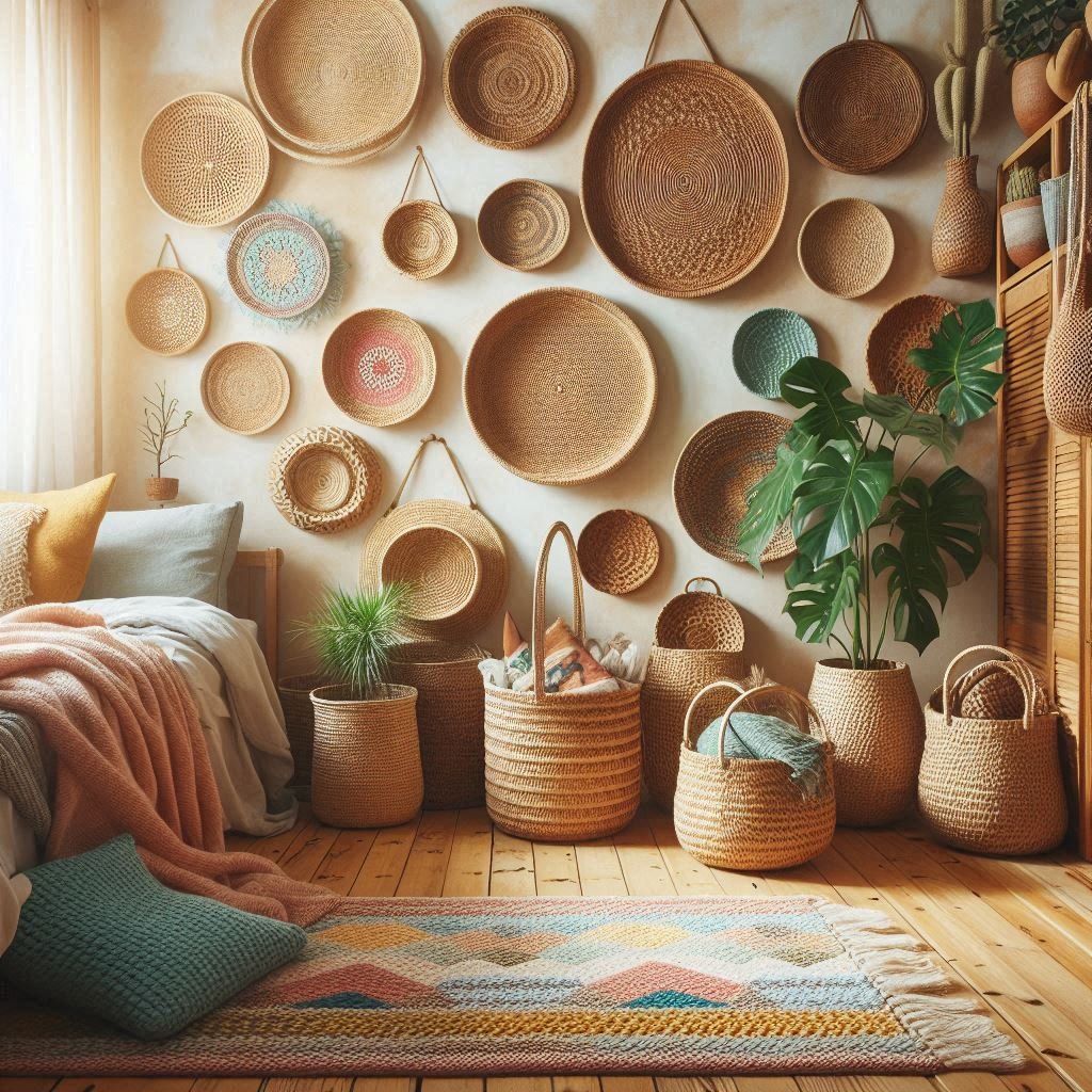 Woven basket wall art in a free-spirited boho bedroom