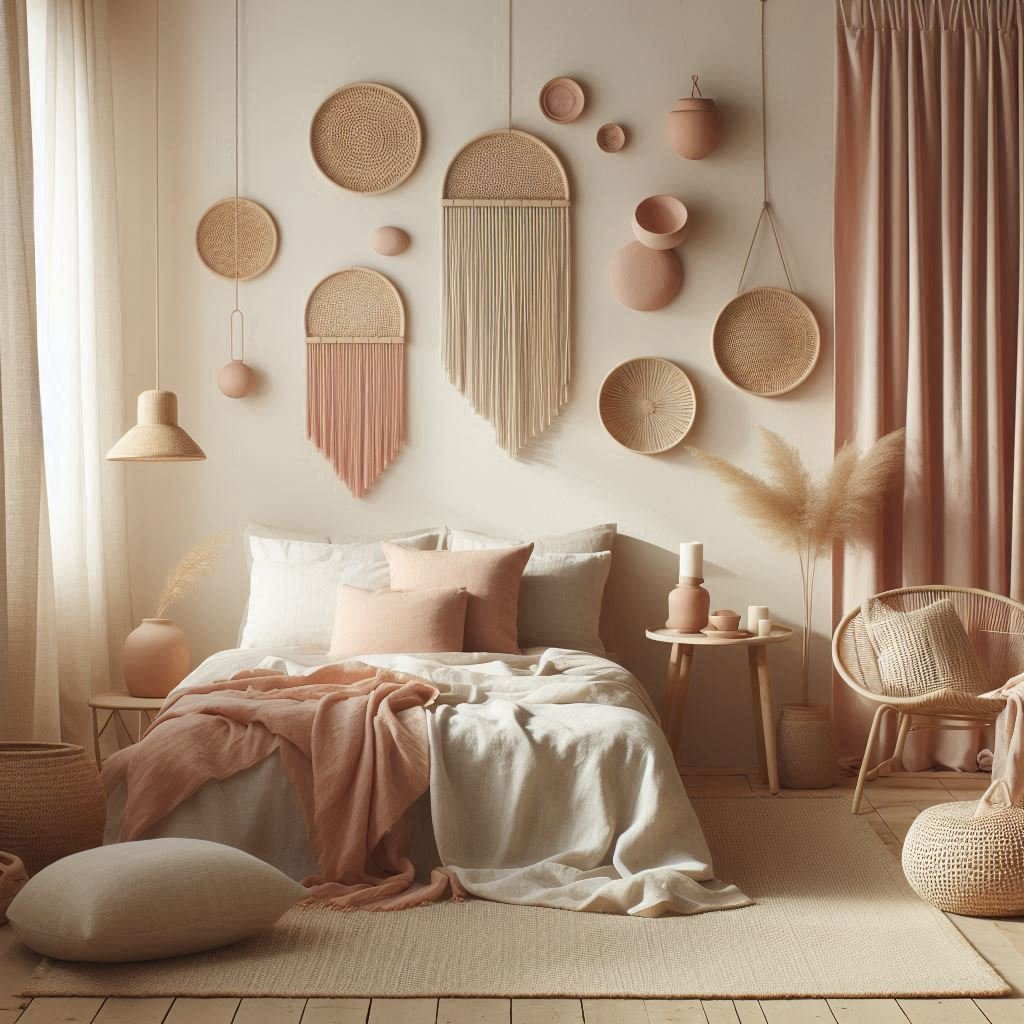 Clay wall hangings in a minimalist boho bedroom