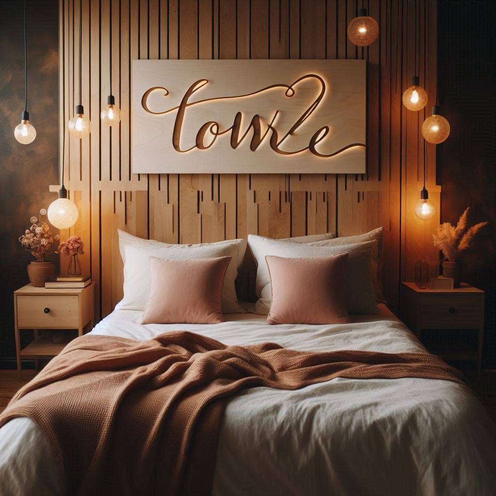 Romantic bedroom with a custom couple's name sign above the bed