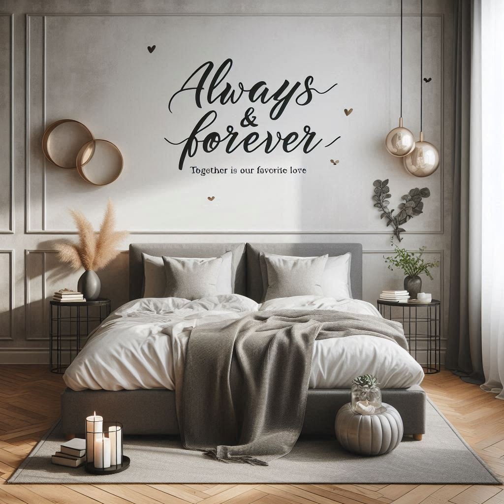 Bedroom wall decorated with romantic couple-themed wall decals.