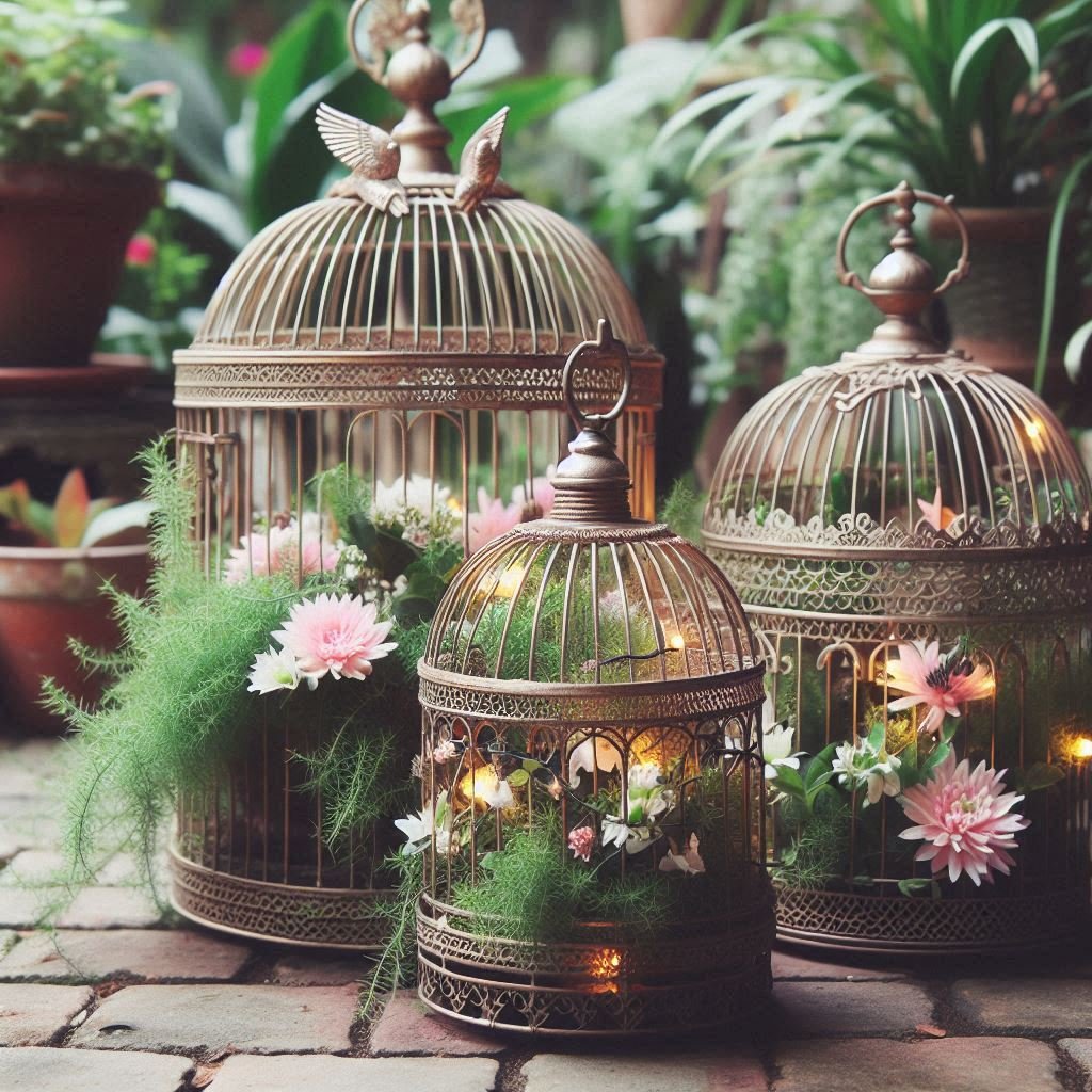 Vintage Bird Cages with Plants outdoor garden