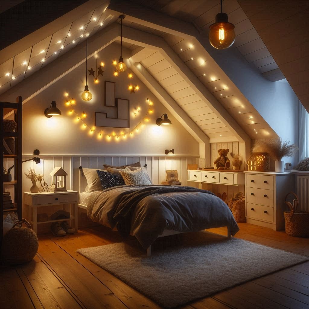 Fairy lights in attic boy room
