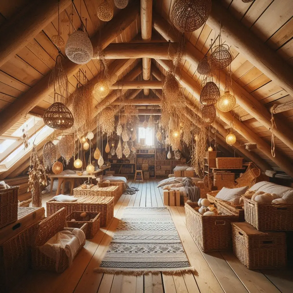 Hanging attic storage using roof trusses and exposed beams.
