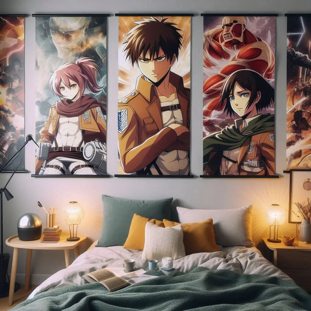 Anime wall scrolls with iconic characters in a stylish pastel bedroom
