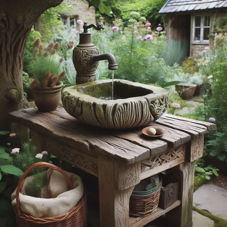 Rustic Stone Sink with Wooden Base