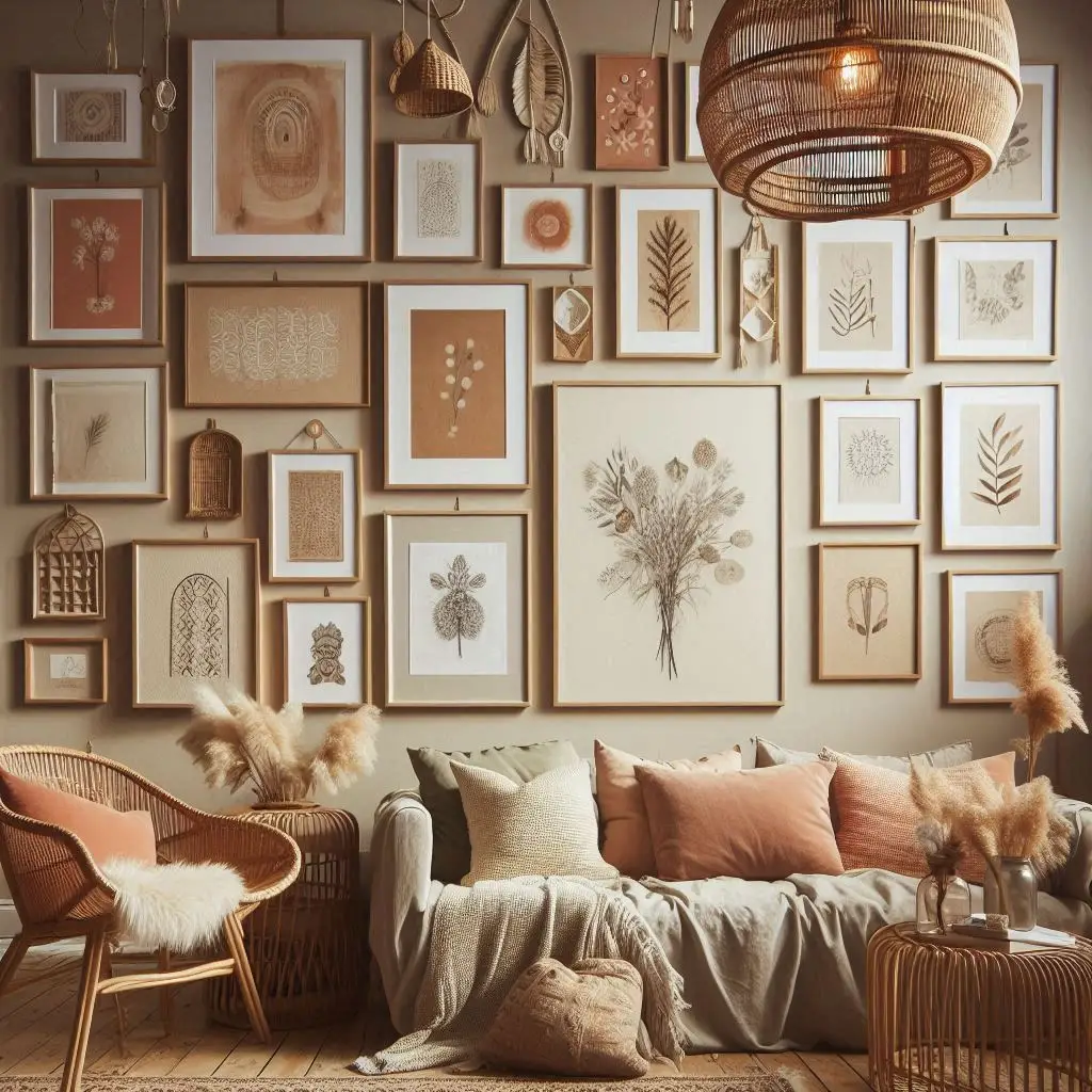 Eclectic boho gallery wall in a cozy bedroom"