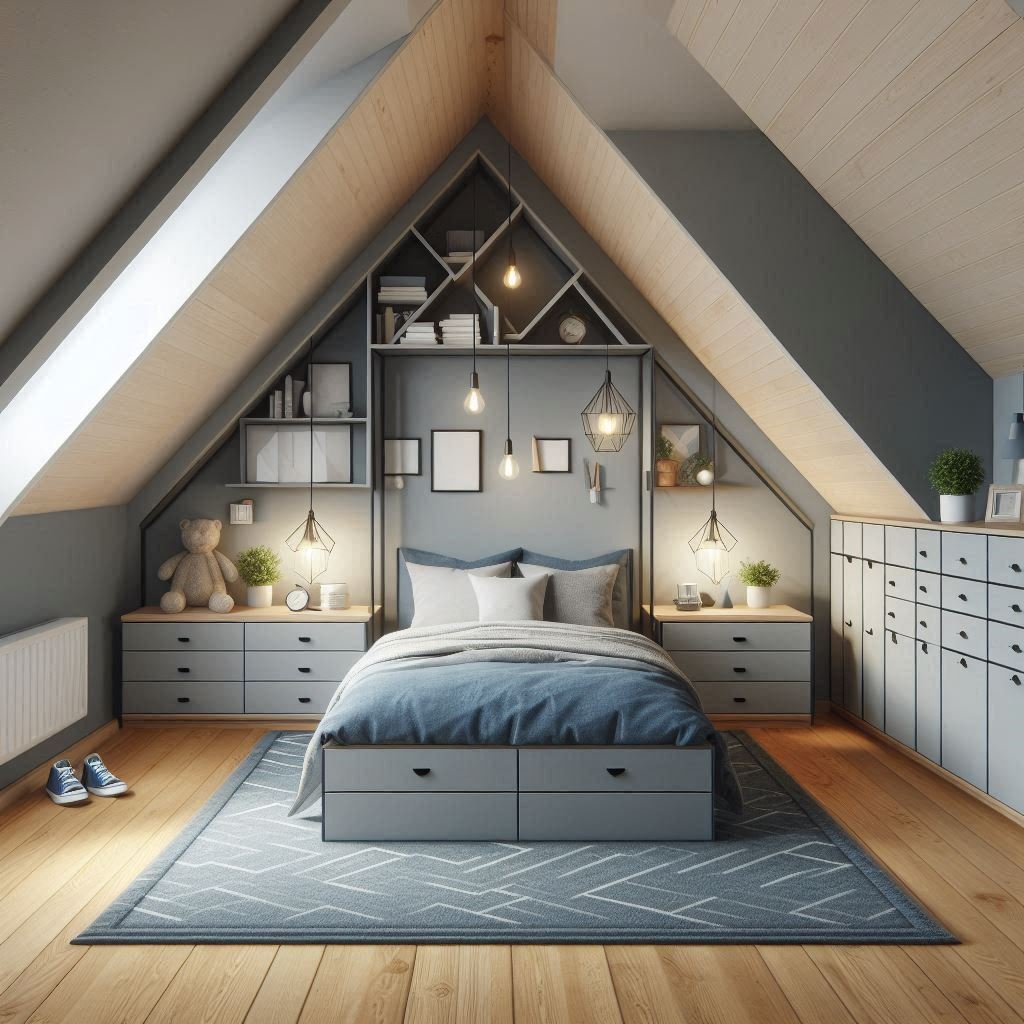 Bed drawers under sloped ceiling in boy room