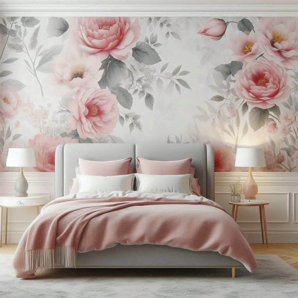Floral Pink and Grey Wallpaper