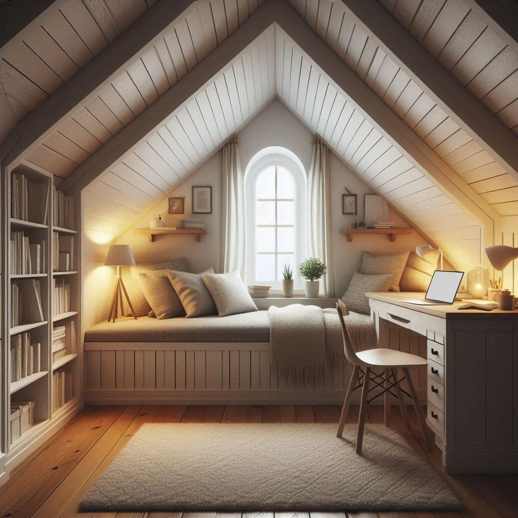 Dormer window nook used as desk in attic space.