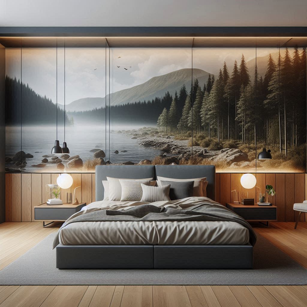 Bedroom with bold scenic mural behind the bed
