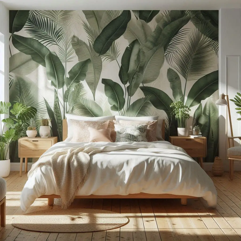 Realistic botanical-themed bedroom with leafy wallpaper and wooden furniture