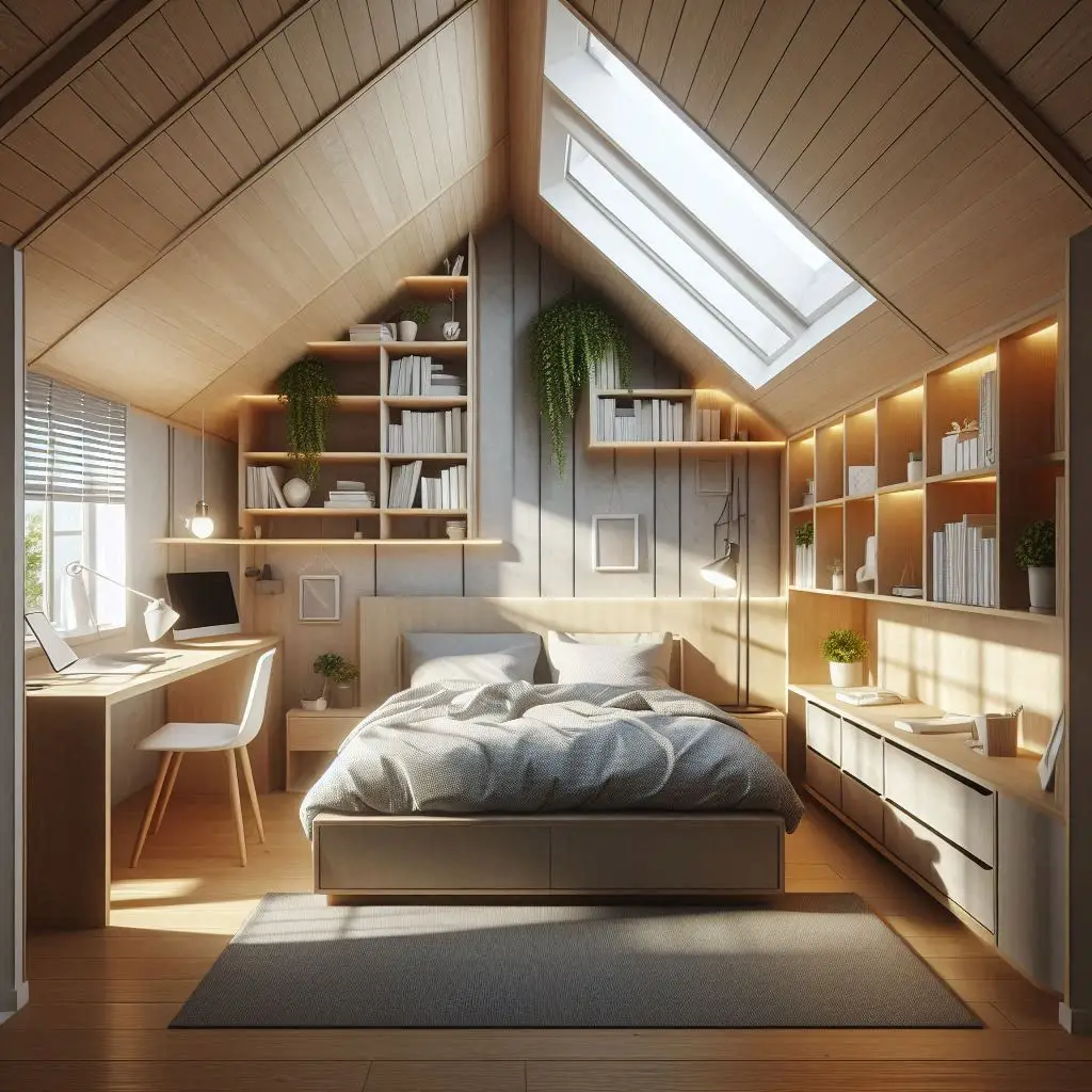 Wall-mounted desk and shelves in small attic bedroom.