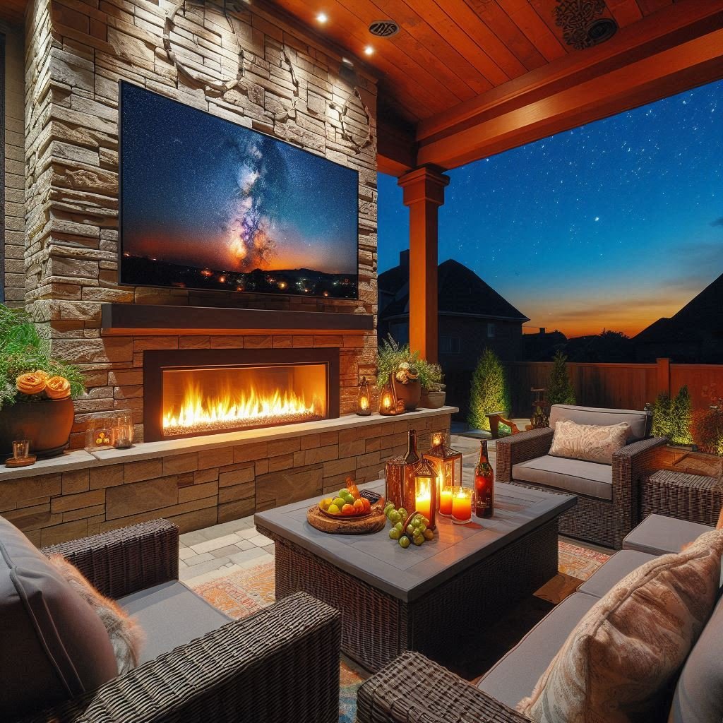 8. Outdoor Fireplace With TV Setup