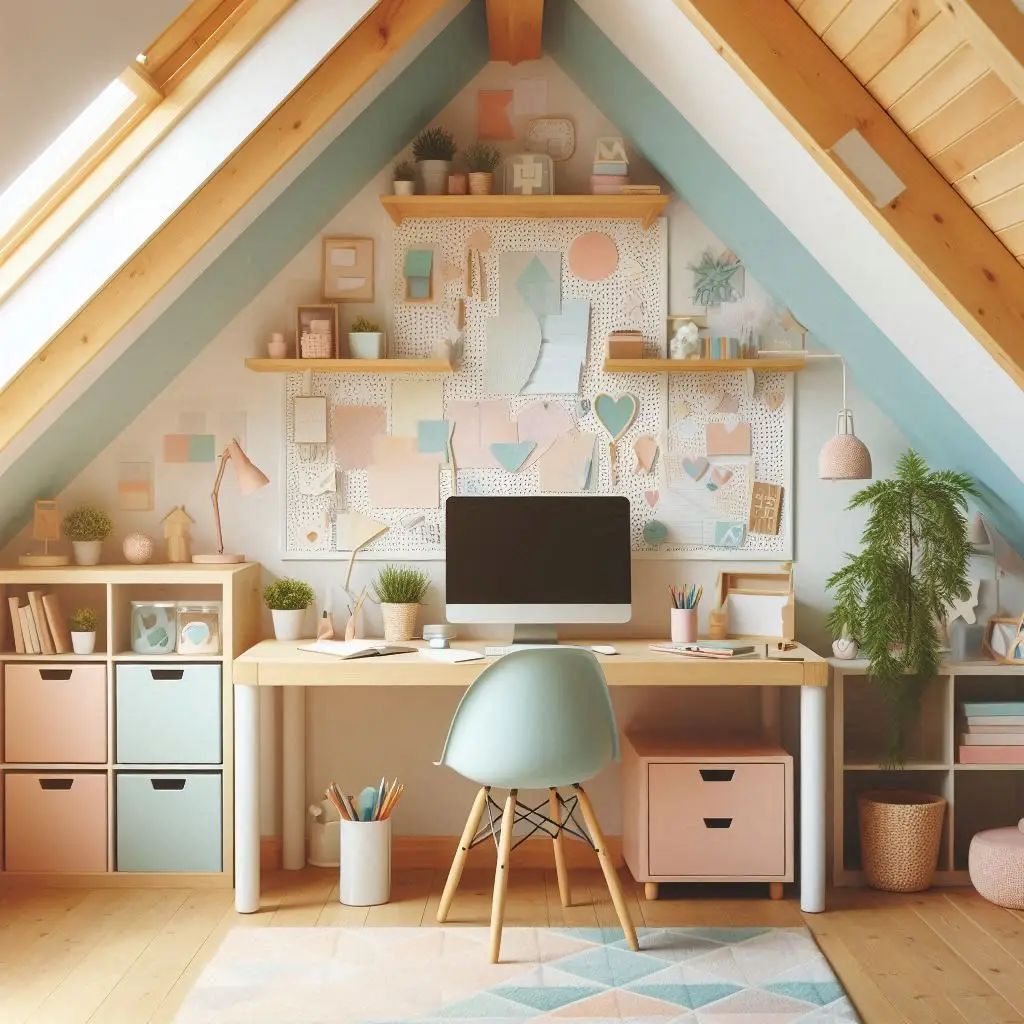 Pastel desk under small attic window