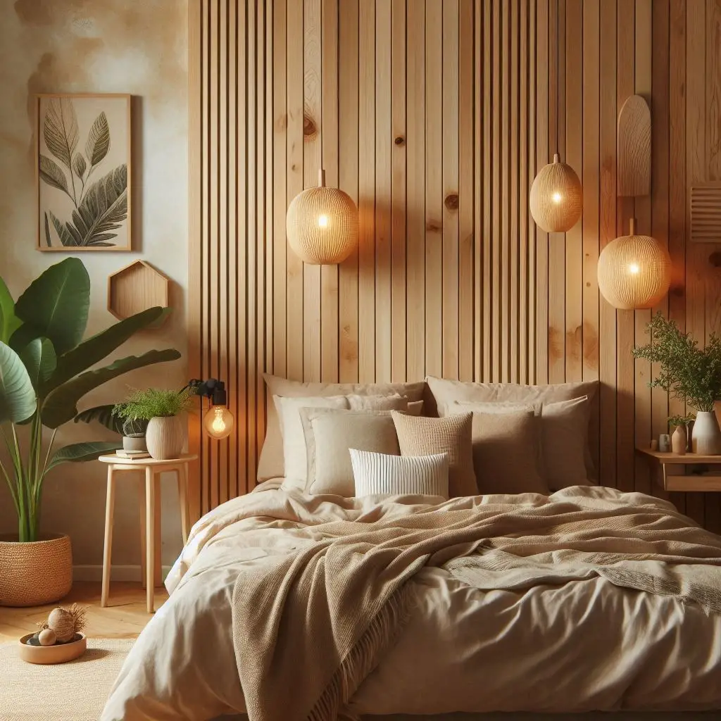 Wooden bedroom wall sconces with earthy tones and cozy setup