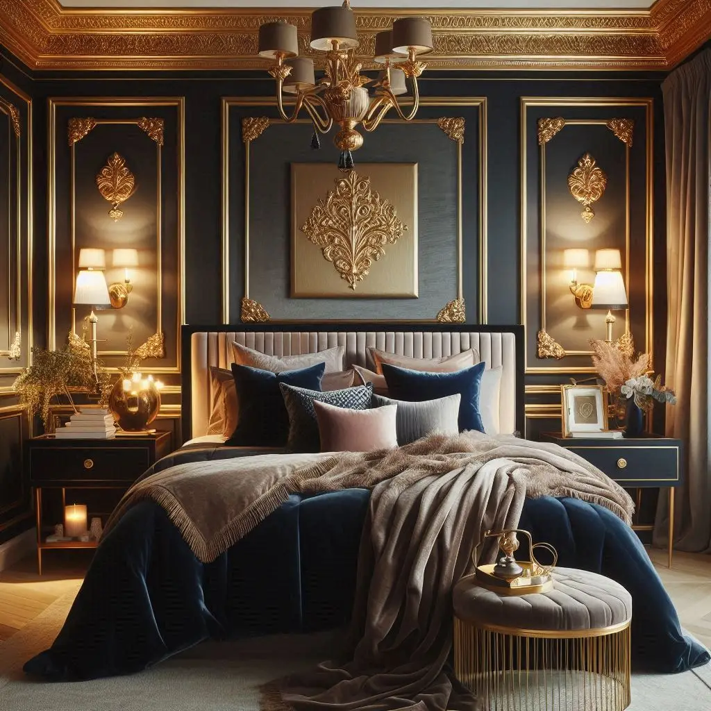 Gold brass wall sconces in elegant luxury bedroom