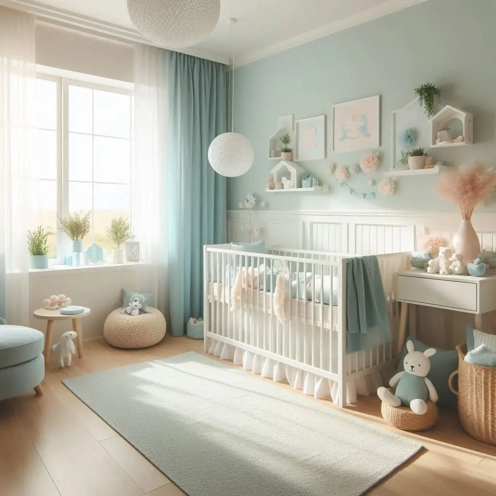 Baby blue bedroom wall perfect for a calming nursery.